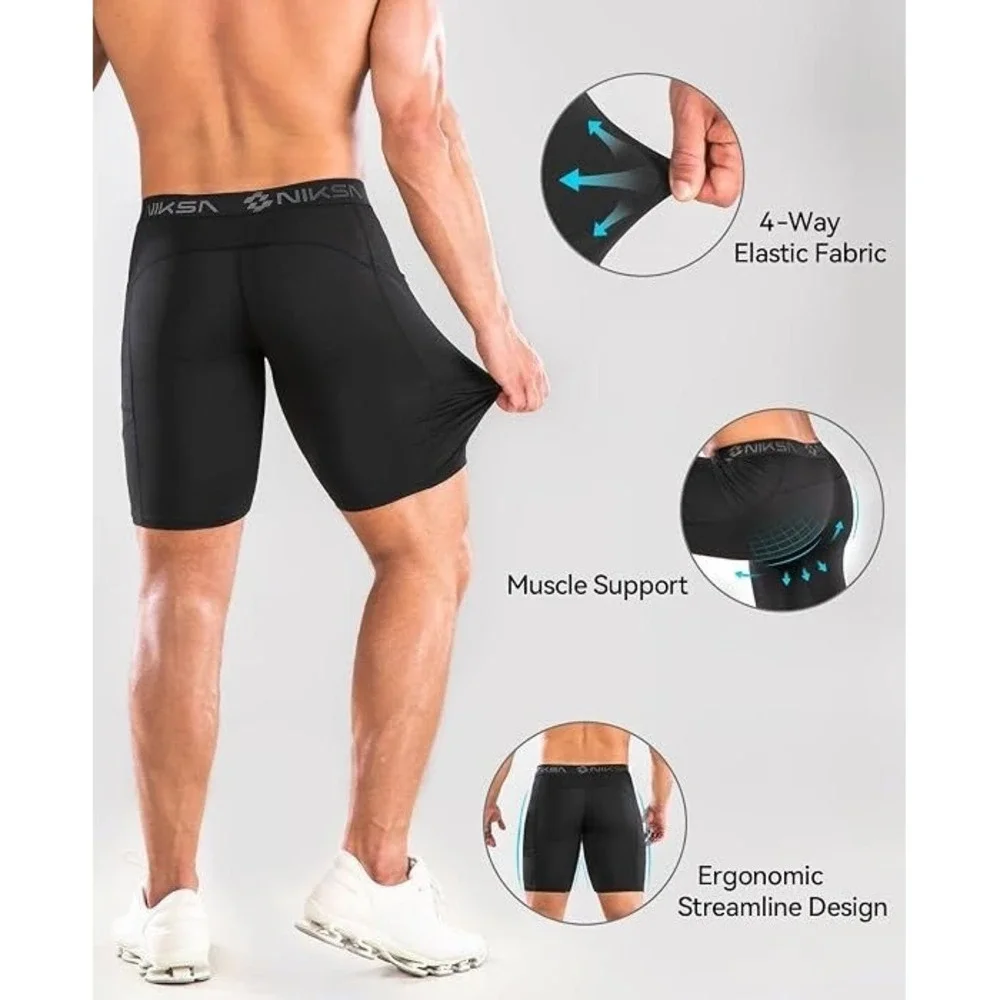 Niksa Men's 2 Pack Performance Athletic Compression Shorts w/ Pockets - Black L